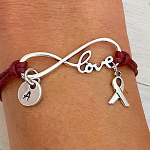 Burgundy HOPE LOVE Infinity Bracelet and Optional Letter Initial and/or Ribbon Charm Aneurysm AVM Migraine Multiple Myeloma Oral Cancer