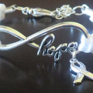 White Awareness Ribbon Charm HOPE Bracelet Lung Cancer Multiple Hereditary Exostoses Severe Combined Immune Deficiency Awareness image 3