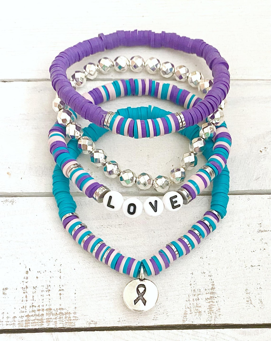 Thyroid Cancer Awareness Ribbon Stacked Stretch Bracelet Set Hashimotos ...