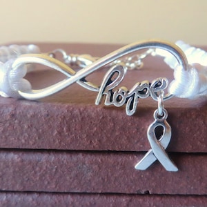 White Awareness Ribbon Charm HOPE Bracelet Lung Cancer Multiple Hereditary Exostoses Severe Combined Immune Deficiency Awareness image 1