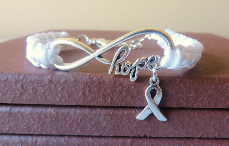 White Awareness Ribbon Charm HOPE Bracelet Lung Cancer Multiple Hereditary Exostoses Severe Combined Immune Deficiency Awareness image 1