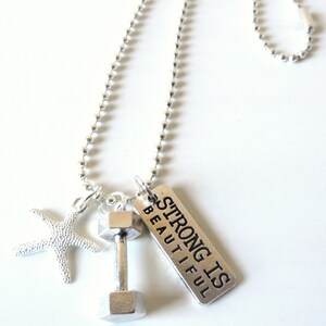 Strong is Beautiful Dumbbell Workout Charm Necklace With Starfish YOU Choose Necklace Length image 3