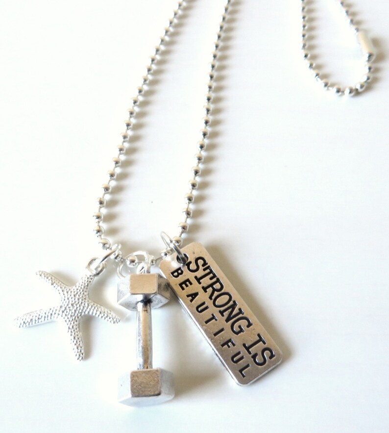 Strong is Beautiful Dumbbell Workout Charm Necklace With Starfish YOU Choose Necklace Length image 3