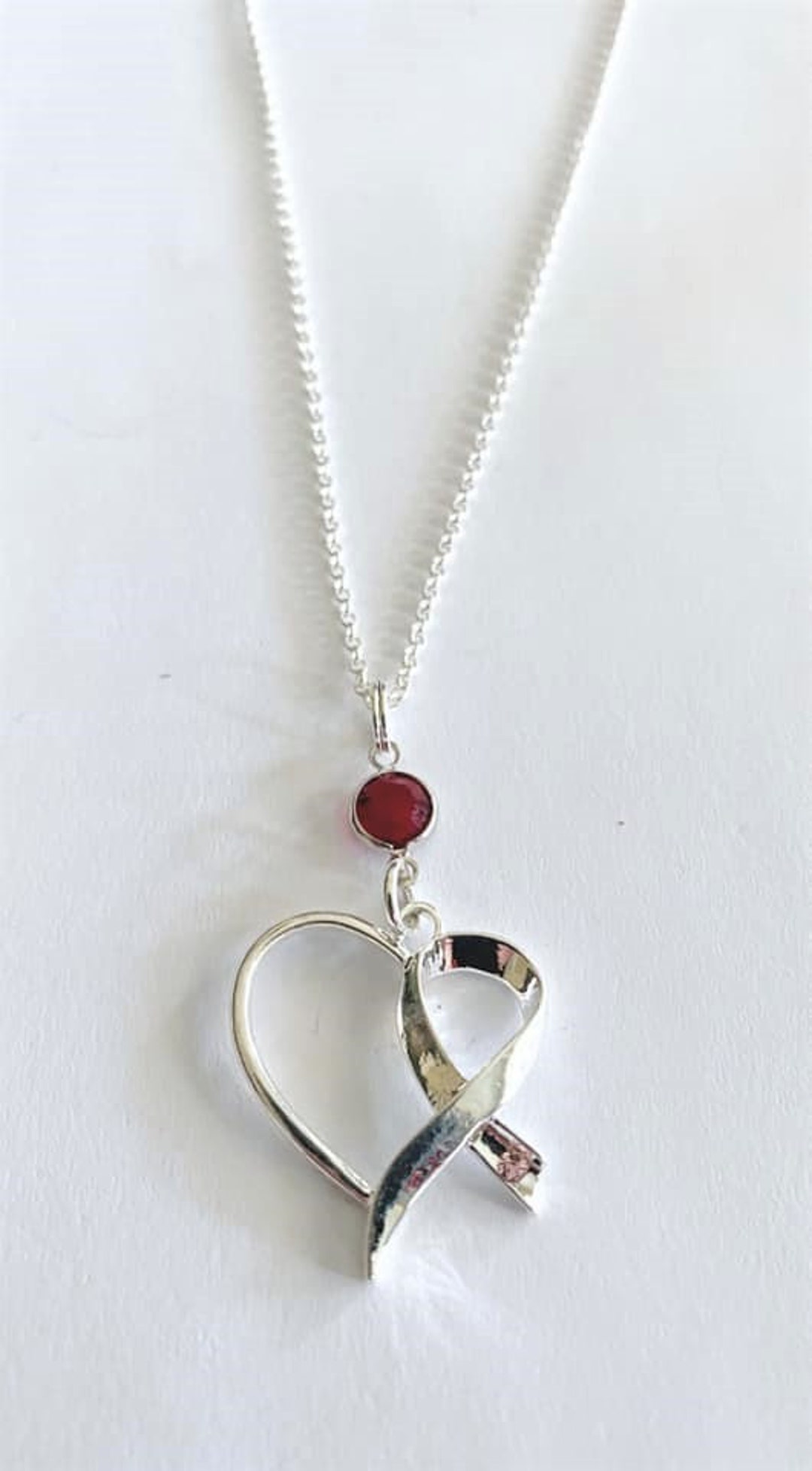 Heart Awareness Ribbon Burgundy Necklace Crystal Sterling - Etsy