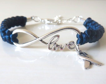 Blue Awareness LOVE Ribbon Charm Bracelet Colon Cancer Arthritis Child Abuse Dystonia Reyes Syndrome Chronic Fatigue Myalgic Encephalopathy