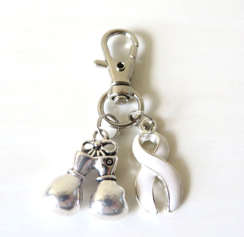 White Awareness Zipper Pull Key Chain YOU Select Charms Lung Cancer Multiple Hereditary Exostoses Awareness SCID image 1