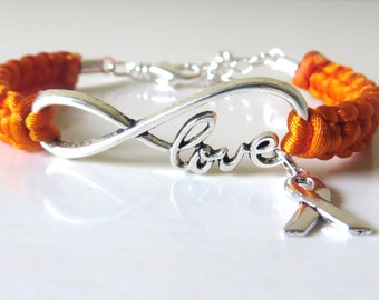 Orange Awareness Ribbon LOVE Charm Bracelet with Optional Letter Initial Charm
