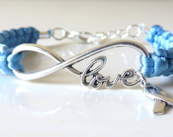 Prostate Cancer LOVE Awareness Charm Infinity Bracelet With Optional Hand Stamped Alphabet Letter Charm