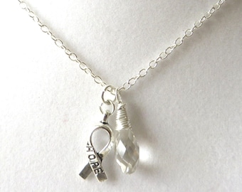 Grey Awareness Ribbon  Hope Survivor Silver Ribbon Pendant Necklace You Choose Ribbon Design