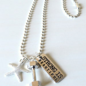 Strong is Beautiful Dumbbell Workout Charm Necklace With Starfish YOU Choose Necklace Length image 2