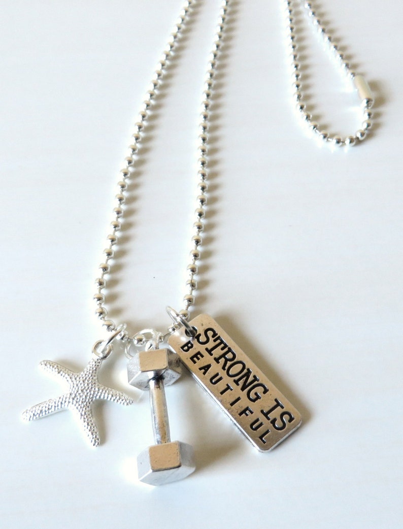 Strong is Beautiful Dumbbell Workout Charm Necklace With Starfish YOU Choose Necklace Length image 2