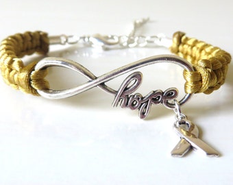 Childhood Cancer HOPE Gold Awareness Bracelet with Optional Hand Stamped Letter Initial Charm