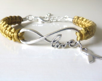Childhood Cancer Gold Awareness Bracelet with Optional Hand Stamped Letter Initial Charm
