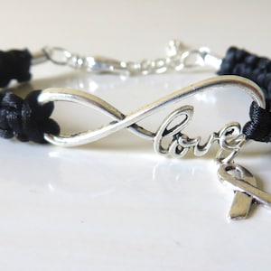 Melanoma LOVE Black Awareness Charm Bracelet with Optional Hand Stamped Alphabet Letter Charm