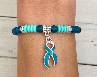 Teal Awareness Ovarian Cancer Sky Collection Rhinestone Stretch Bracelet Tourette's PTSD Anxiety You Select Length and Accent Bead Color