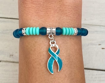 Teal Bewusstsein Eierstockkrebs Himmel Sammlung Strass Stretch Armband Tourette PTSD Angst Sie wählen Länge und Akzent Bead Farbe