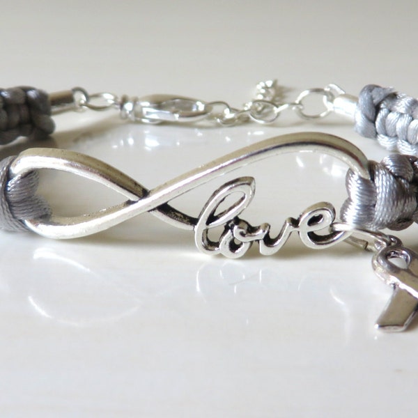 Grey Awareness Ribbon LOVE Macrame Charm Bracelet Brain Cancer Brain Tumor Brain Injury Diabetes Asthma Awareness Parkinsons Disease