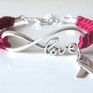 Burgundy Awareness Ribbon LOVE Macrame Bracelet Multiple Myeloma Oral Cancer Brain Aneurysm Migraine Amyloidosis Disabled Adults