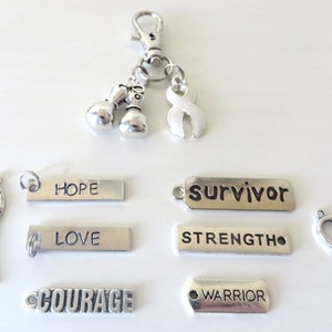 White Awareness Zipper Pull Key Chain YOU Select Charms Lung Cancer Multiple Hereditary Exostoses Awareness SCID image 2