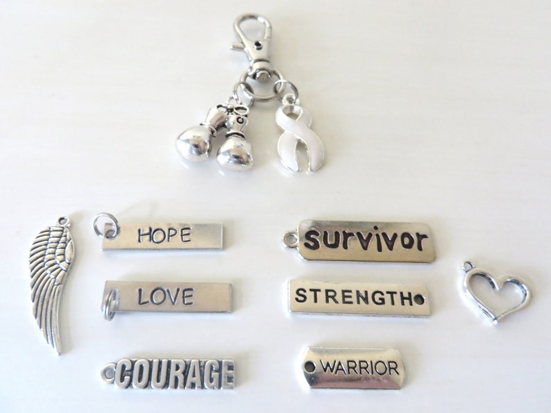 White Awareness Zipper Pull Key Chain YOU Select Charms Lung Cancer Multiple Hereditary Exostoses Awareness SCID image 2