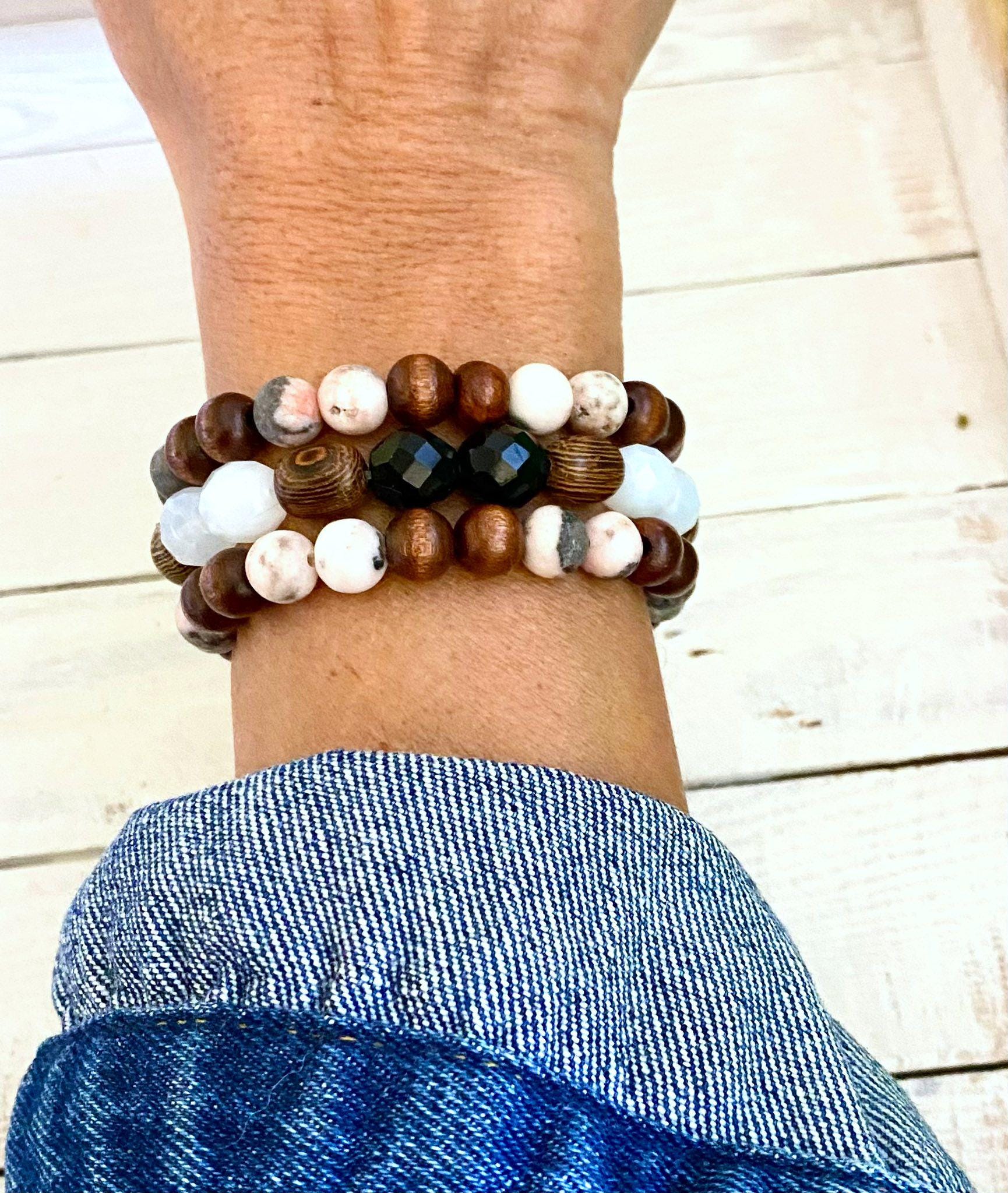 Pink Brown Autumn Wood Glass Zebra Jasper Glass Opal White Beaded