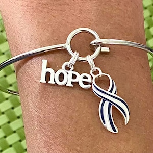 ALS Lou Gehrig's Disease LOVE HOPE Customizable Awareness Charm Silver Bangle Bracelet With Optional Love Hope and Angel Wing Charms image 1