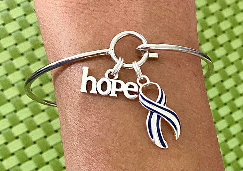 ALS Lou Gehrig's Disease LOVE HOPE Customizable Awareness Charm Silver Bangle Bracelet With Optional Love Hope and Angel Wing Charms image 1