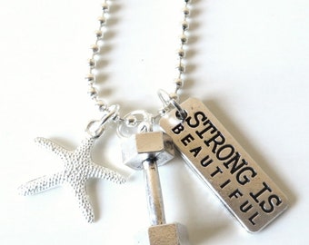Strong is Beautiful Dumbbell Workout Charm Necklace With Starfish YOU Choose Necklace Length