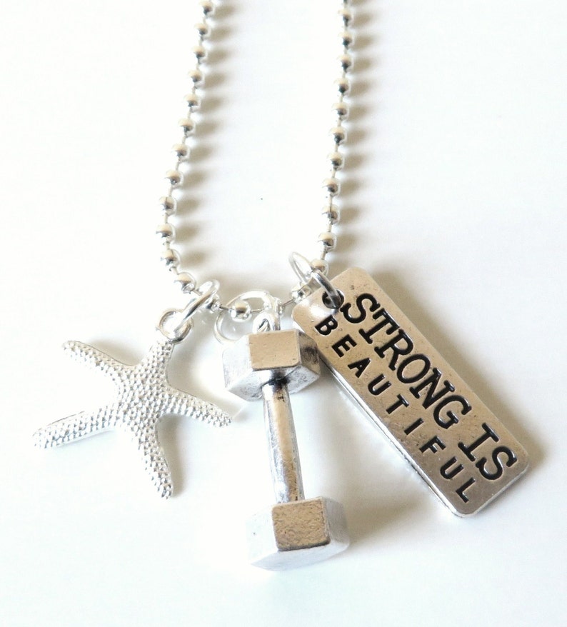 Strong is Beautiful Dumbbell Workout Charm Necklace With Starfish YOU Choose Necklace Length image 1