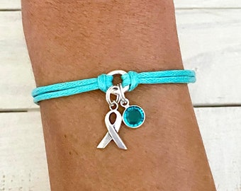 Teal Awareness Bracelet with Teal Crystal Charm You Select Bracelet Length