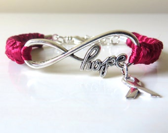 Burgundy Awareness Ribbon HOPE Macrame Bracelet Multiple Myeloma Oral Cancer Brain Aneurysm Migraine Amyloidosis Disabled Adults