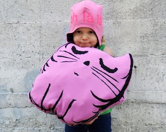 Screen Printed Sleepy Cat Pillow, Stuffy, Peluche, Children Kid Stuffed Lovie Pillow, Eco Freindly Plush