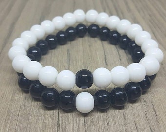 Couples Bracelet Set: Black & White Glass Bead Matching Bracelets