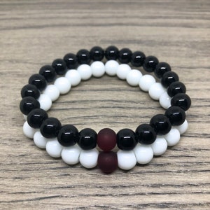 Couples Bracelets. Long Distance Bracelets. Friendship Bracelets. Matching Bracelet Set. Black & White with Dark Red Frosted Sea Glass Beads