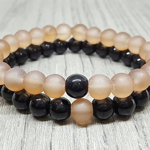 Couple Bracelets. Long Distance Bracelets. Friendship Bracelets. Matching Bracelet Set. Light Brown Frosted Sea Glass and Black Glass Beads.