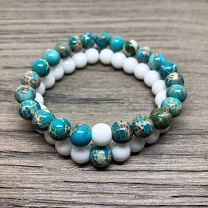 Couples Bracelets. Long Distance Bracelets. Friendship Bracelets. Matching Bracelet Set. White Glass and African Sea Sediment Gemstone Bead
