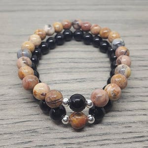 Brown Moroccan Agate Gemstone and Black Glass Bead Healing Couples Bracelets. Long Distance Bracelets. Friendship Bracelets. Bracelet Set.