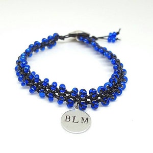 Blue Beaded Leather Wrap Bracelet with Stamped Tag