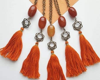 Sacral Chakra Carnelian Gemstone Tassel Necklace & Positive Affirmation Card. Yoga Meditation Necklace. Boho Gemstone Healing Necklace.