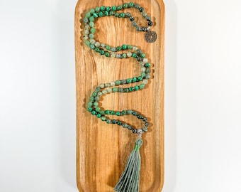 Heart Chakra Mala Necklace: Hand Knotted Prayer Beads with Green Jade