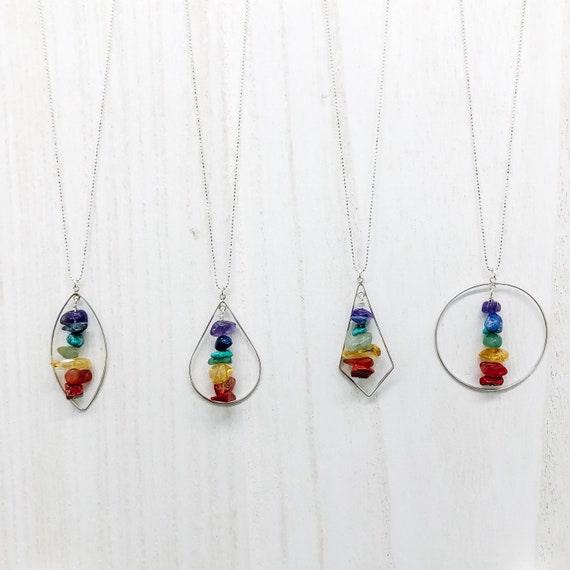 Sterling Silver Chakra Gemstone Pendant Necklace: Circle, Leaf, Teardrop