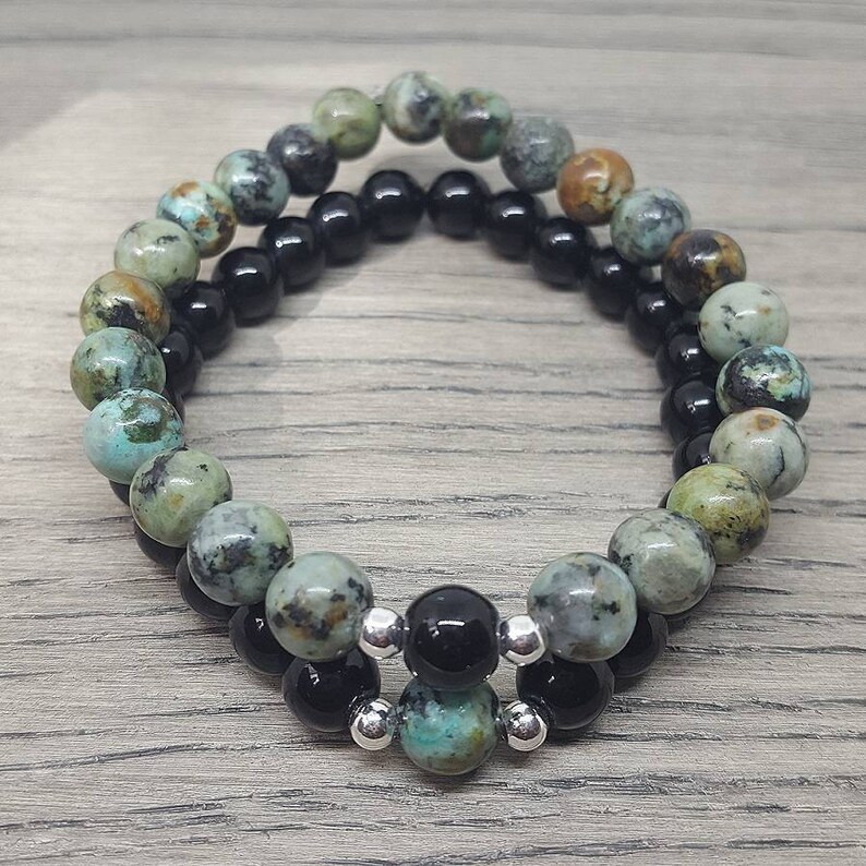 African Turquoise Gemstone and Black Glass Bead Healing Etsy