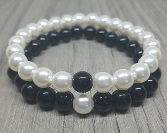 Couples Bracelet Set: White Pearl & Black Glass Bead Matching Bracelets