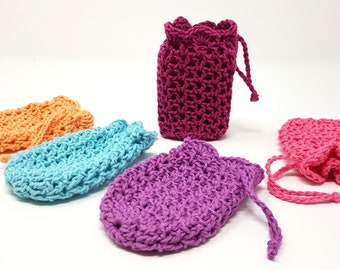 Cotton soap saver, soap sock reusable, soap bag with drawstring, washable, soap holder, many colours available.