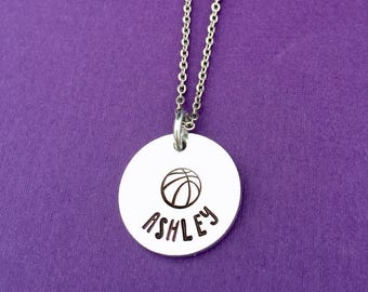 Personalized Basketball Necklace, Hand Stamped Jewelry, Basketball Necklace, Name Necklace, Basketball Coach Gift, Girls Basketball Team