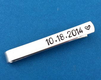 Date With Heart Hand Stamped Tie Bar, Husband Gift, Boyfriend Gift, Anniversary Gift, Long Distance Relationship Gift, Men's Gift, For Him