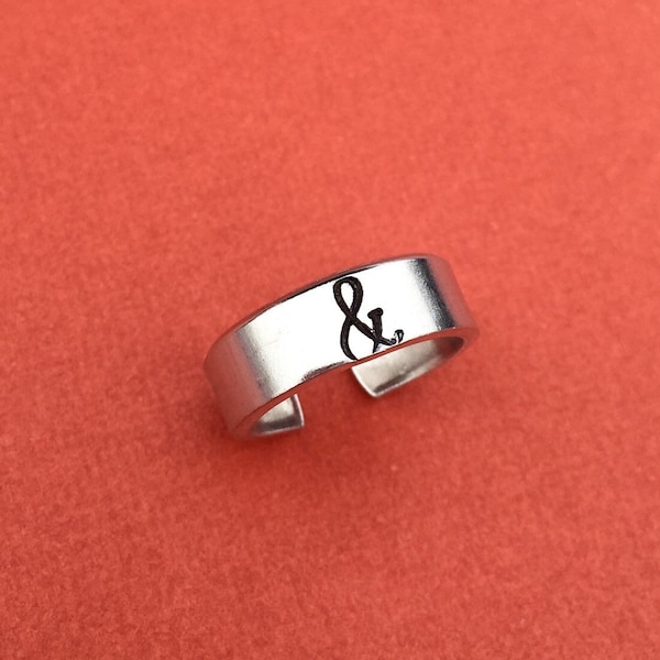 Ampersand & Hand Stamped Cuff Band Ring Adjustable Shiny Silver Color Gift Aluminum Modern You And Me Couple Expression Geekery