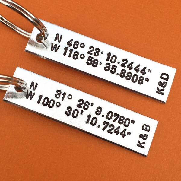 GPS Coordinates WIth Initials Set of 2 Hand Stamped Keychain Aluminum Gift Longitude Latitude Favorite Place Map Location Custom