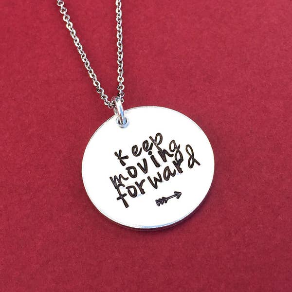 Keep Moving Forward Necklace with Arrow Hand Stamped Aluminum Round Disk Pendant - Inspirational Quote - Gift For Her - Christmas - Birthday