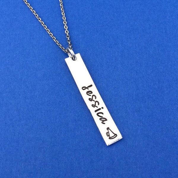 Cheer Gifts for Cheerleading Squad, Hand Stamped Necklace Name and Megaphone, Vertical Bar Custom Made Personalized Gift, You Choose Font